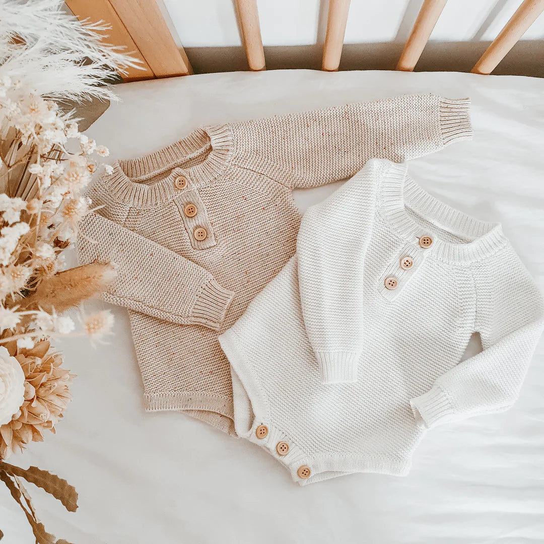 Long Sleeved Knit Romper-Oatmeal Sprinkle