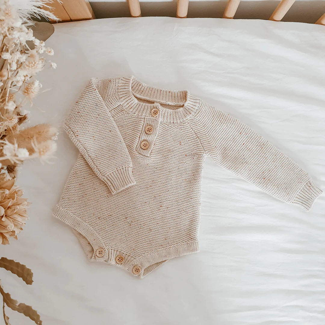Long Sleeved Knit Romper-Oatmeal Sprinkle